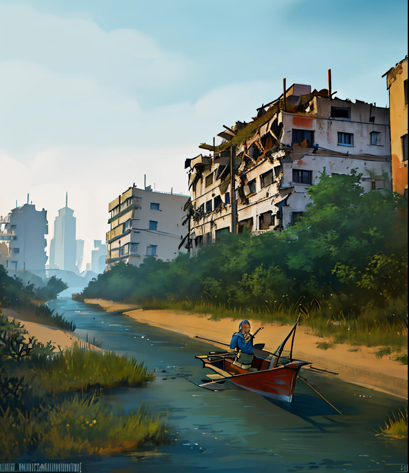 painting of an old deep sea fishing schooner crossing the river that passes through a Renaissance destroyed city, buildings and architecture, (post apocalyptic), panoramic view by Ni Yuanlu, by Jenaro de Urrutia Olaran, by Carlos Francisco Chang Marín, by Benito Quinquela Martín, by Josep Rovira Soler, by Líviusz Gyulai, oil on canvas,
