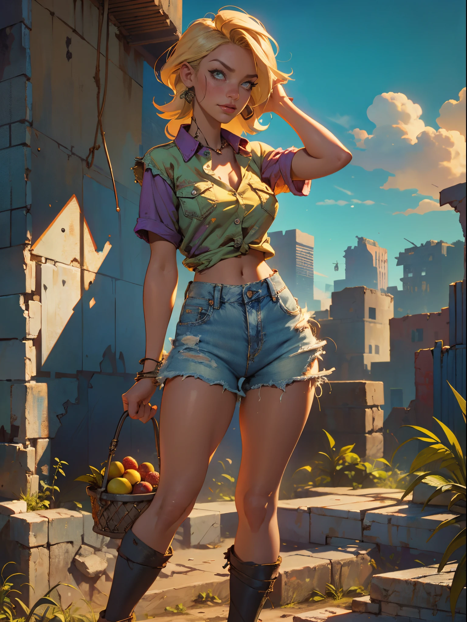 2076 year. The Urban Ruins of the Wasteland, Female huntress picking fruit in the garden, beautiful face, blonde, badly torn shirt and denim shorts ,  long legs, sweating through, sun rising, Nice warm colors, head to toe, full body shot, pretty hands, perfect fingers,