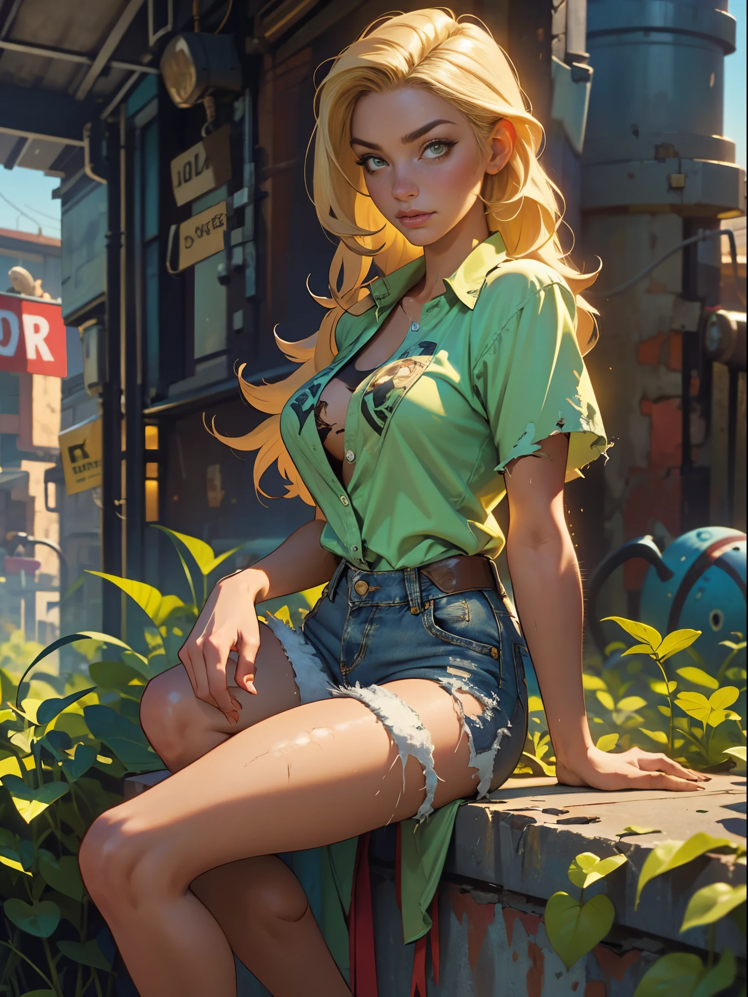 2076 year. The Urban Ruins of the Wasteland, Female huntress picking fruit in the garden, beautiful face, blonde, badly torn shirt and denim shorts ,  long legs, sweating through, sun rising, Nice warm colors, head to toe, full body shot, pretty hands, perfect fingers,