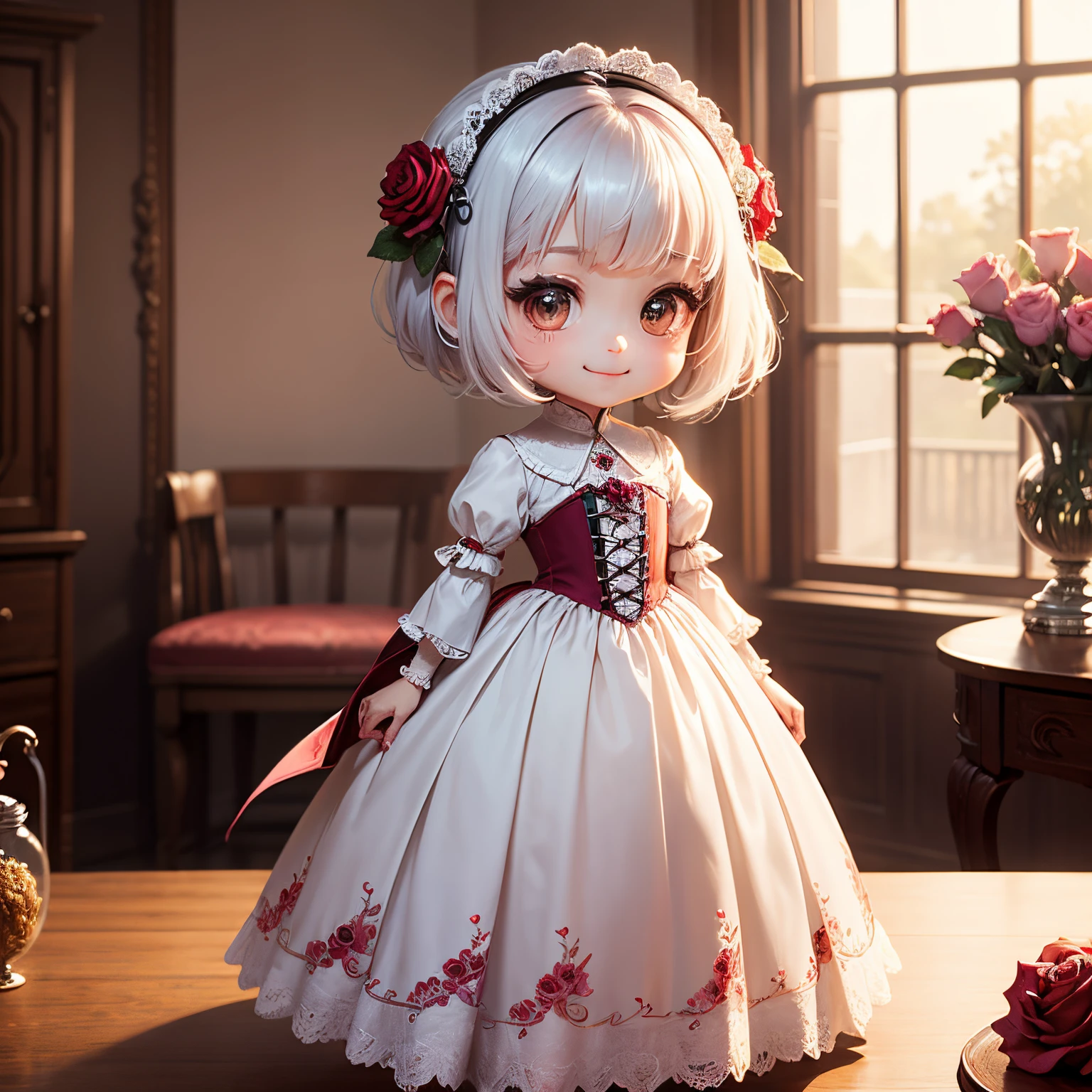 masterpiece、top-quality、ultra-detailliert、(Chibi Chara's Daughter:1.2)、Decoration mirror with gorgeous rose flower decorations、face the mirror、white hair、Renaissance dresses、Standing、A smile