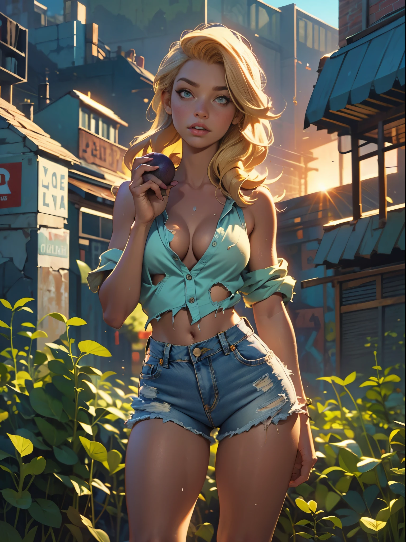 2076 year. The Urban Ruins of the Wasteland, Female huntress picking fruit in the garden, beautiful face, blonde, badly torn shirt and denim shorts , long legs, sweating through, sun rising, Nice warm colors, head to toe, full body shot, pretty hands, perfect fingers,
