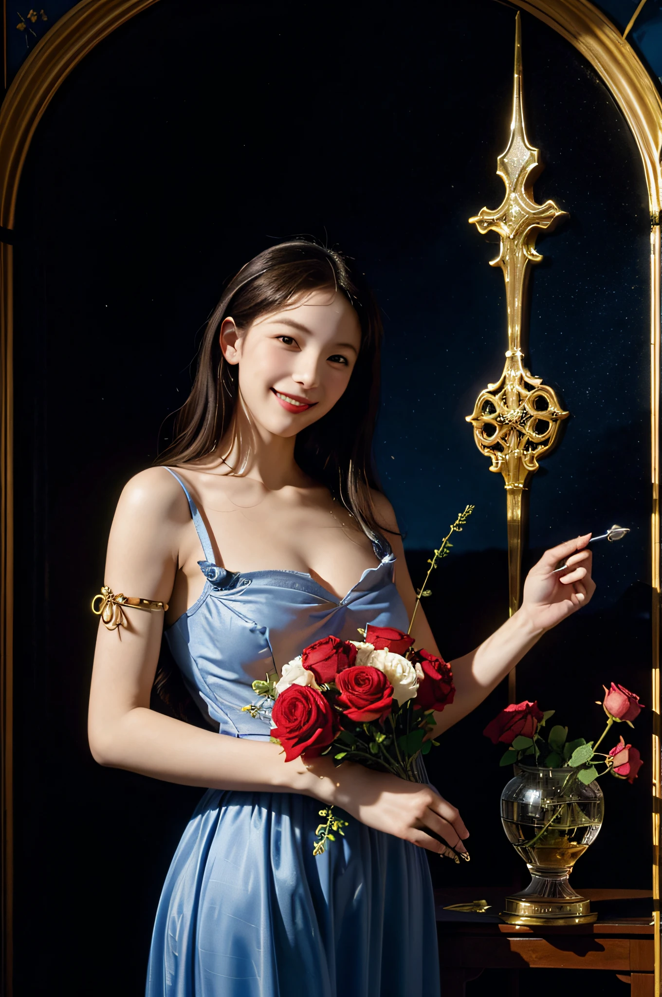 stain glass,12 zodiac signs,Vigée Leblanc style,Math、Astronomical utensils,astronault,Roses in a vase,fruits,cute little,A smile,Ancient Greek costumes,Paintings by Sandro Botticelli,Costume with stretched shoulders,huge smile,Caravaggio'shading,large full breasts