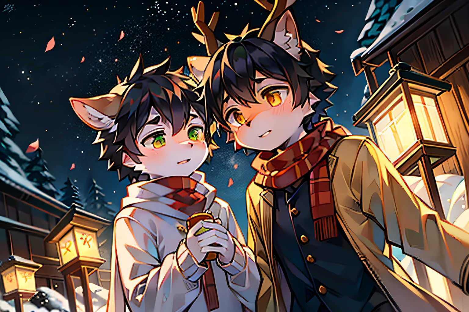 Wearing a white robe、White deer with green eyes and antlers,black hair color hair、Orange-eyed wolf wearing orange shirt,in the snow,starrysky,moon full,stars shining bright,falling flower petals,Peach blossom tree,shota,lovely boy,two guys,peaceful night,Clear face,lanterns,ornate backdrop,having fun,gentleness,Make a snowman together,Wear a scarf,wear a sweater,lantern in hand,Nerd