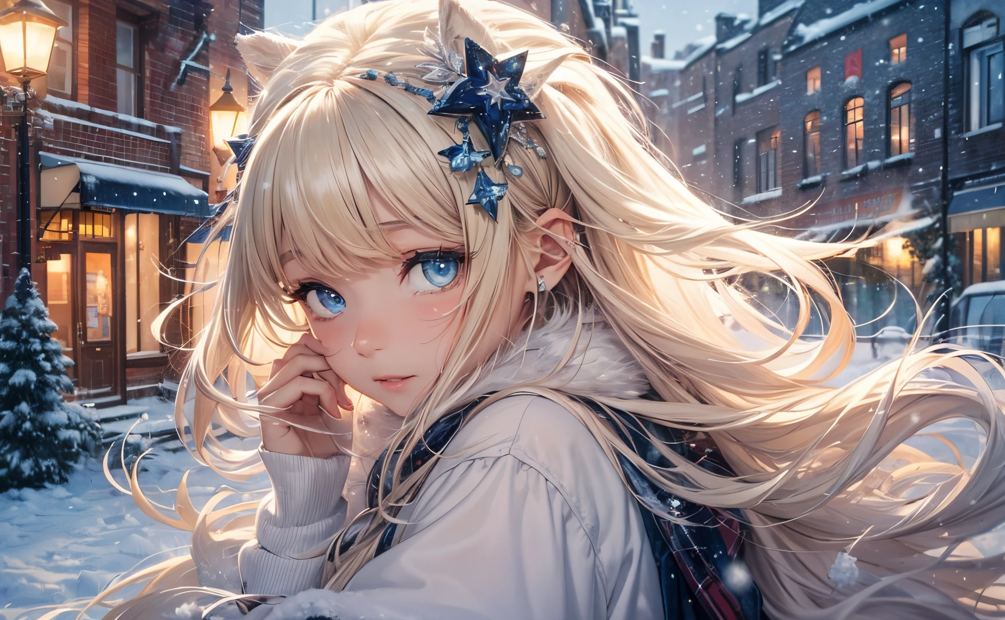 (masterpiece),(top-quality:1.2),1girl in,(masuter piece:1.3),exquisitedetails, Highest quality 8K resolution, Ultra-detailed, Realistic, Vibrant colors, Soft tones, With warm and gentle lighting, (snowy night:1.5),(Snowy city:1.4),sexy wide skirt,Sexy style,Dynamic angles, Sexy hats、sexy earmuffs、Sexy coat,starry sky and shooting stars,Crying and laughter,(Smooth straight blonde hair:1.2),(Hair parted in the middle:1.3),(Glowing hair),(Dark blue eyes:1.3),White skin, hair clips,Small necklace,A gentle feeling overflows,joy and pure love, warm glow,happiness and laughter,Vibrant colors,inspiring style,depth of love,color palettes,dreamy ambiance,masterpiece artwork