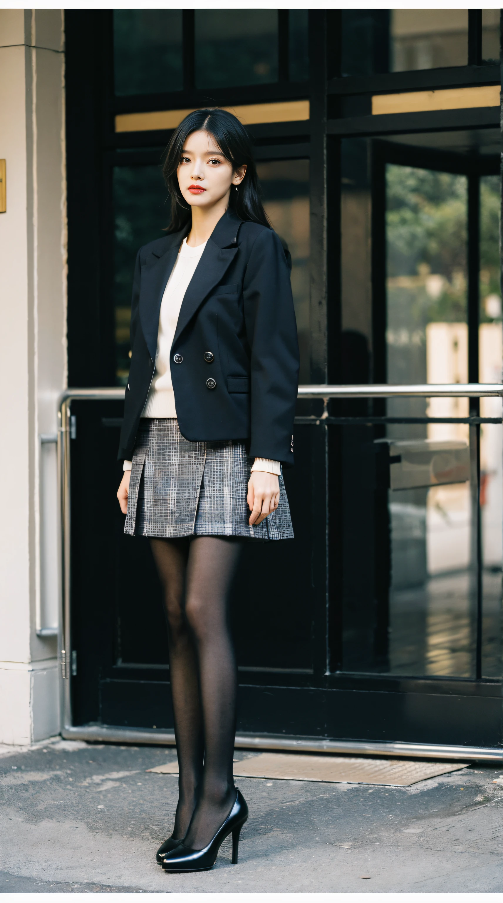 Best quality,tmasterpiece,超高分辨率,(realness:1.4),RAW photos,hyper HD,8K,There is one girl,Stylish clothes,Chanel style,Stylish skinny suit, wearing jacket and skirt,high-class fashion,ellegance, White and black clothes, short skirt and a long jacket, black pantyhoses,best selling, high-heels