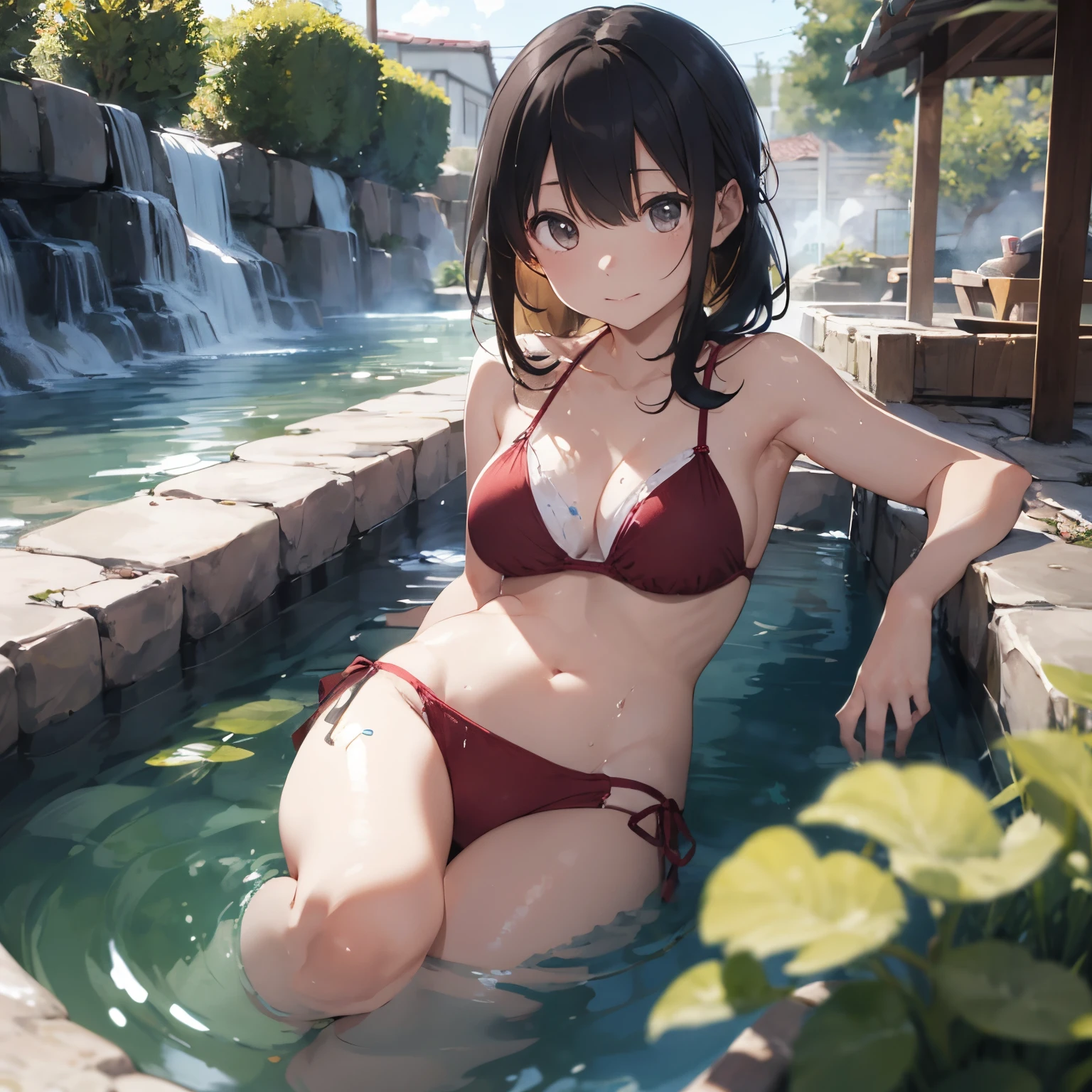 Realistic background blur that looks like it was taken with a high-performance camera.、Please provide high quality illustrations.......。A beautiful girl soaking in a hot spring with a relaxed expression.、The steam rising from the bathtub is beautifully depicted........。Attention to detail in hair and skin、Enjoy the natural texture。To convey the atmosphere of a hot spring area、Please draw the surrounding scenery and hot spring facilities........。Highlight that the beautiful girl is wearing a red bikini。。、Please draw an illustration that takes advantage of her charm........。"