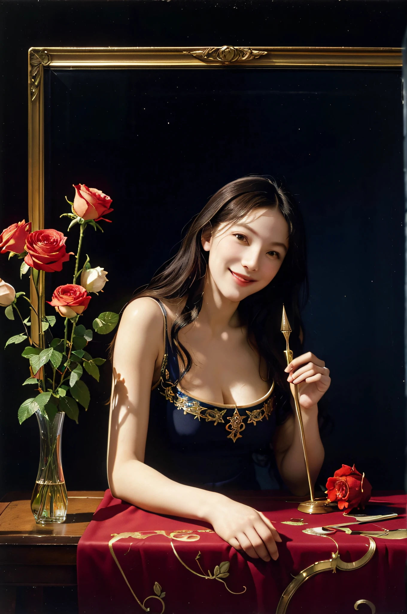 stain glass,12 zodiac signs,Vigée Leblanc style,Math、Astronomical utensils,astronault,Roses in a vase,fruits,cute little,A smile,Ancient Greek costumes,Paintings by Sandro Botticelli,Costume with stretched shoulders,huge smile,Caravaggio'shading,large full breasts