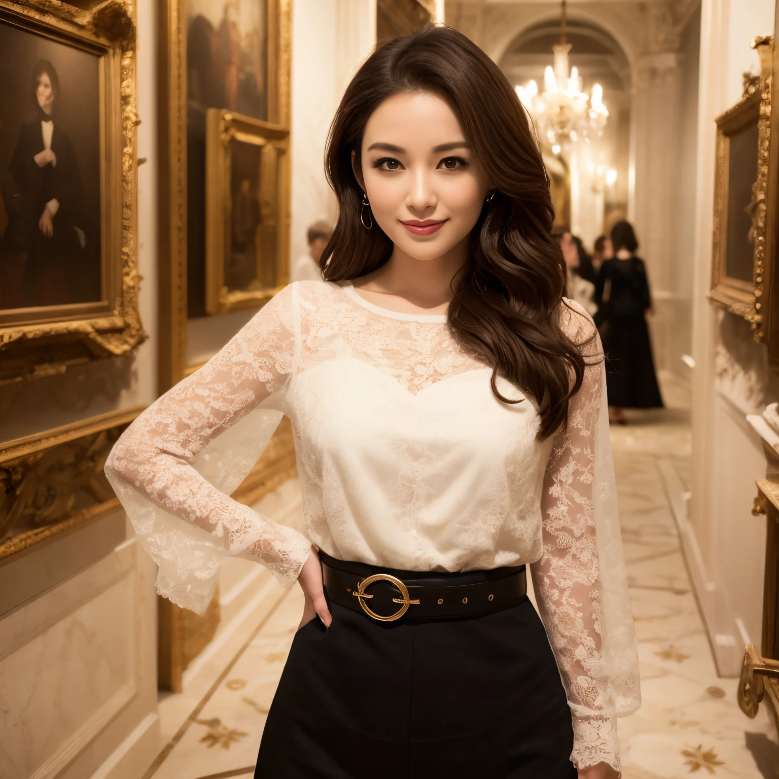 (top-quality、masutepiece、in 8K、Top image quality)、Beauty 1 person、accurate anatomy、take a photo of her upper body、cowboy shot、woman looking at art、perfect works、Perfect makeup、Look at me and smile、The most luxurious and classy tops、The most luxurious and elegant long skirt、Clothes with a causal relationship、elegant and beautiful wavy hair、one of europe'best museums、number々exhibiting art works of、Detailed interior of a luxurious museum、It feels very luxurious、Very luxurious、solemnity、gotik、a gorgeous