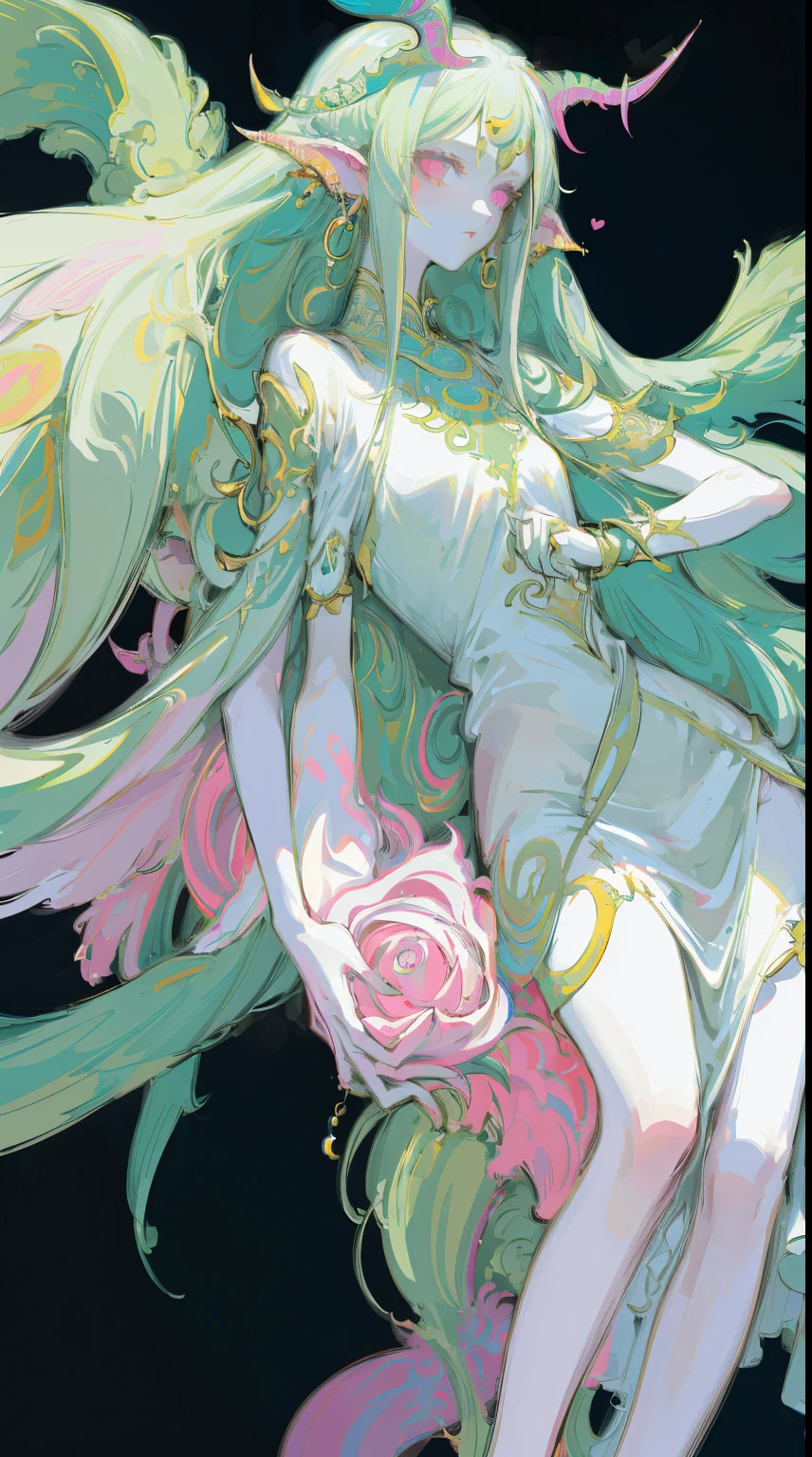 Designed by nty, A woman is, Professional t-shirt design vector,Tokar, 8K, hyper HD, Albino demon girl standing, colorful clothes, shot from far away, (largeeyes, Eyes are delicate and beautiful, Beautiful and delicate face, Details on the face), ( Green curls:1.3) , pink rose bush, winking ,(long and complex horns:1.2) Sneakers with socks, white backgrounid, Complicated details, coloured background, Abstract