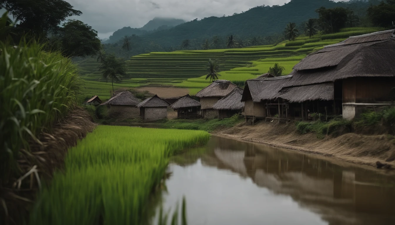 A beautiful village, filled with rice fields and 1 river with simple houses