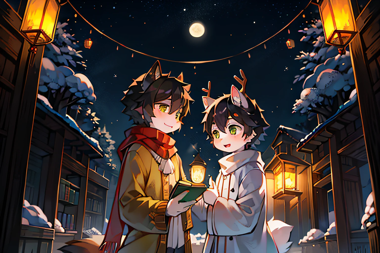 Wearing a white robe、White deer with green eyes and antlers，black hair color hair、Orange-eyed wolf wearing orange shirt，in the snow，starrysky，moon full，stars shining bright，falling flower petals，Peach blossom tree，shota，lovely boy，two guys，peaceful night，Clear face，lanterns，ornate backdrop，having fun，gentleness，Make a snowman together，Wear a scarf，wear a sweater，lantern in hand，nerds，in woods