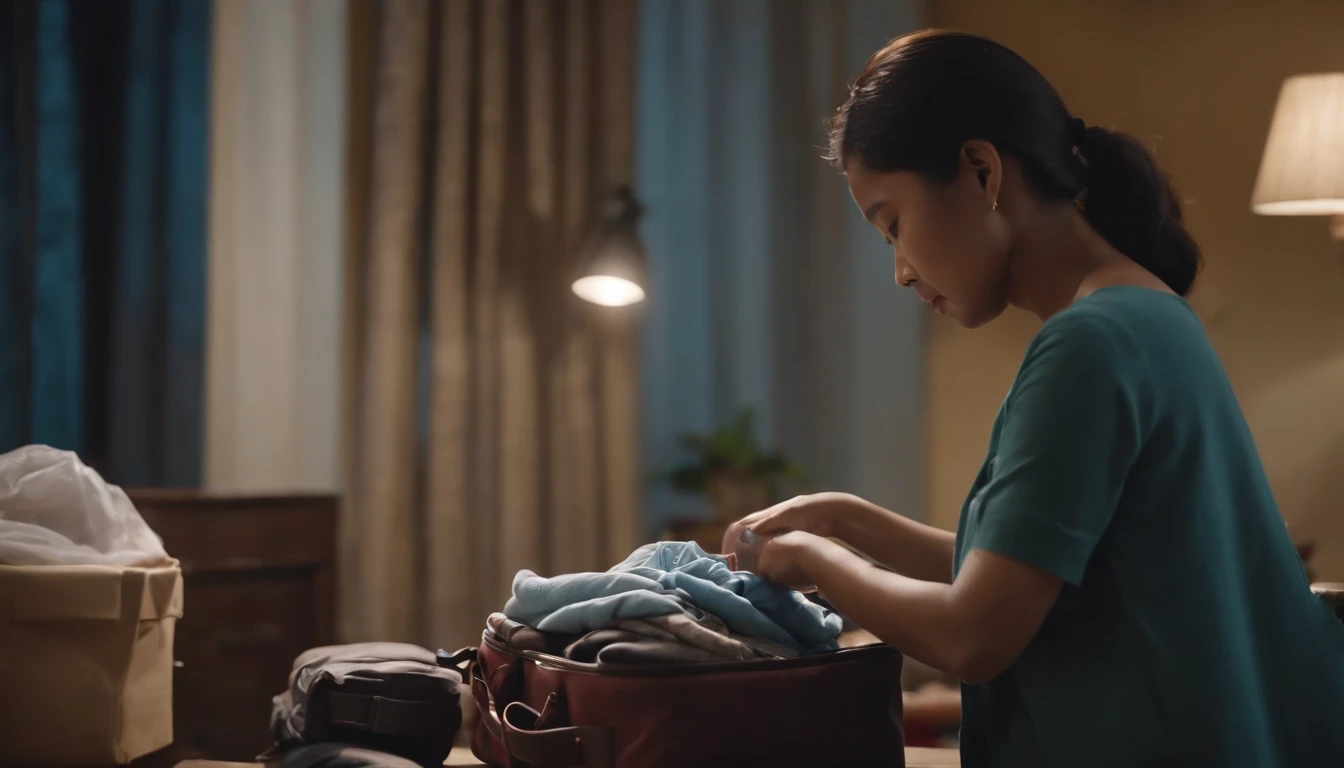 An Indonesian woman packing clothes into small bags and suitcases to go home at night.