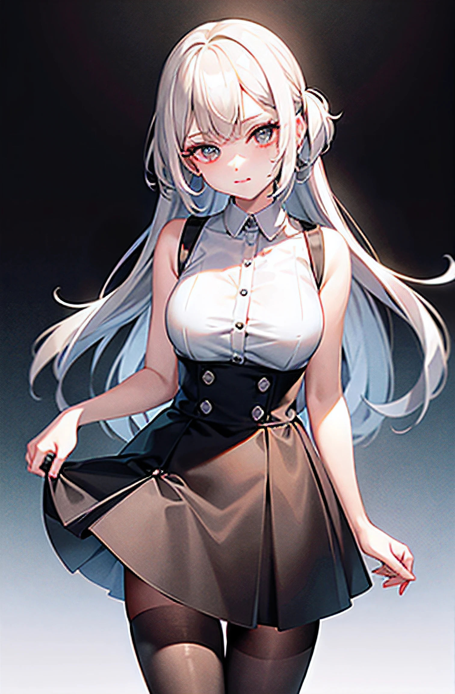 best quality, ultra high res, 1girl, sleeveless white button shirt, black skirt, black choker, cute, (Kpop idol), (aegyo sal:1), (platinum blonde hair:1), ((puffy eyes)), looking at viewer, full body, facing front