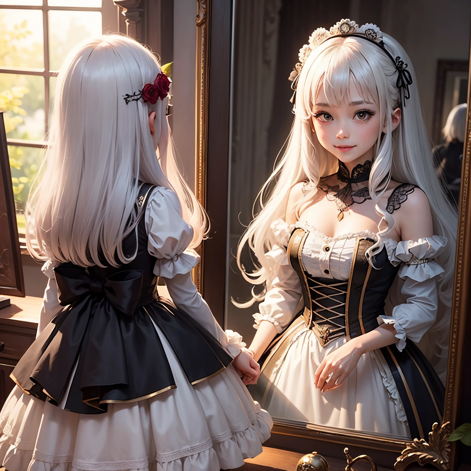 ​masterpiece、top-quality、ultra-detailliert、（Chibi Chara's Daughter：1.2）、Decorative mirror decorated with gorgeous rose flowers、The world in the mirror、white  hair、Renaissance dresses、Standing、A smile
