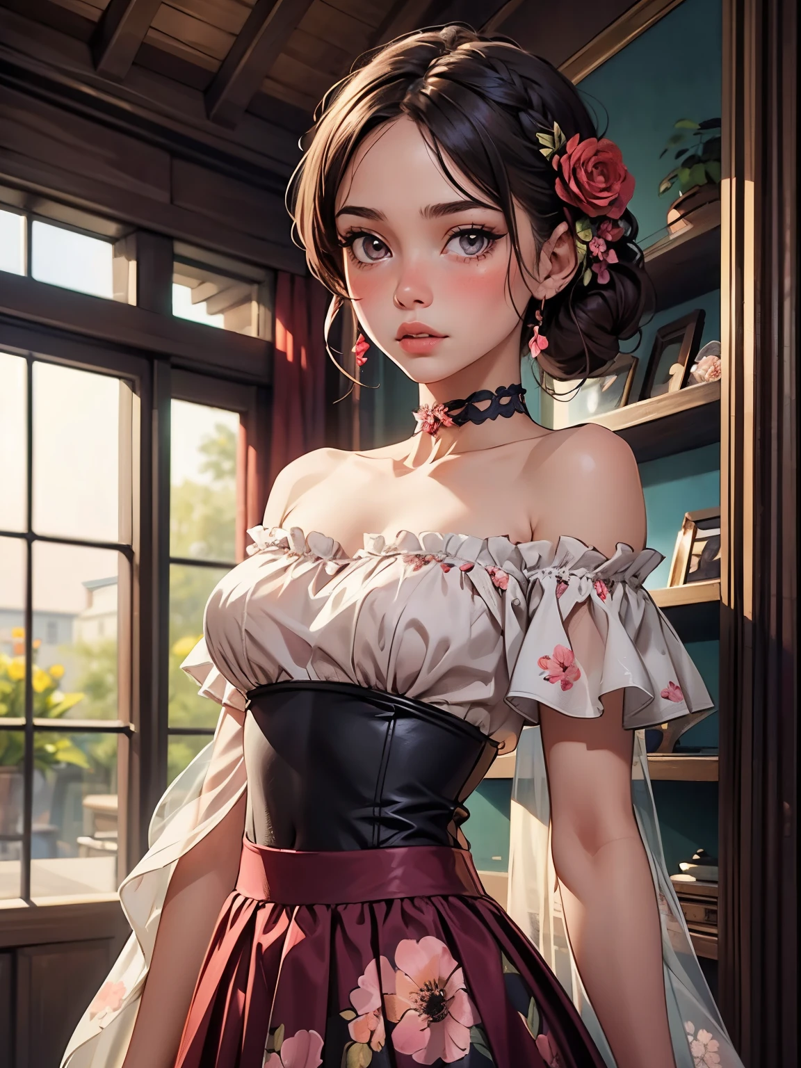 (best quality, masterpiece), 1girl, intricate details, off shoulder, skirt, choker, frills, see-through, looking at viewer, blush, upper body, blurry background, floral print, contrapposto