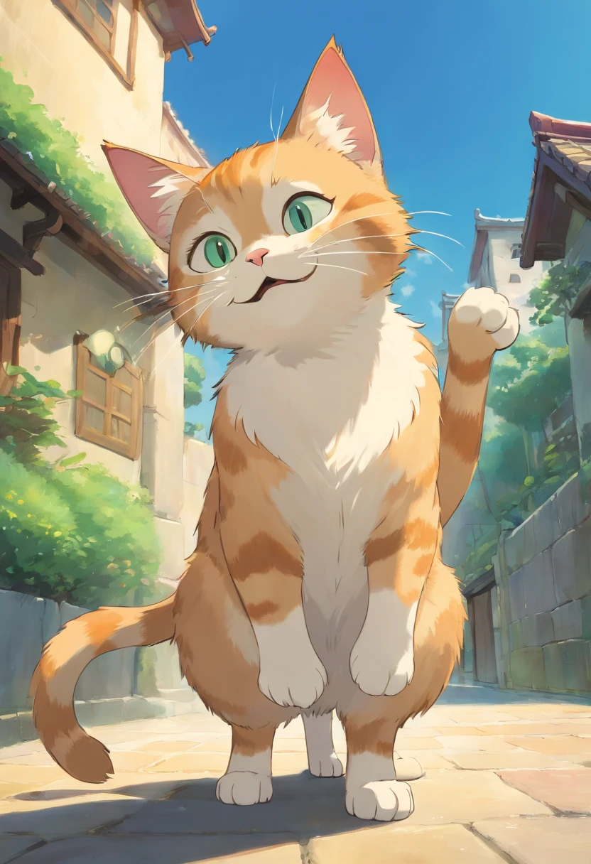 Cat standing sideways with all four legs together smiling
