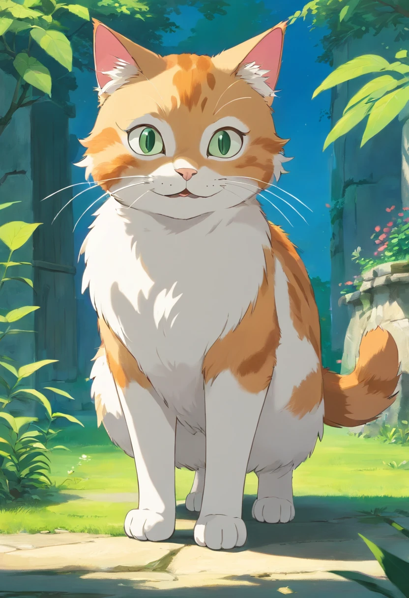 Cat standing sideways with all four legs together smiling