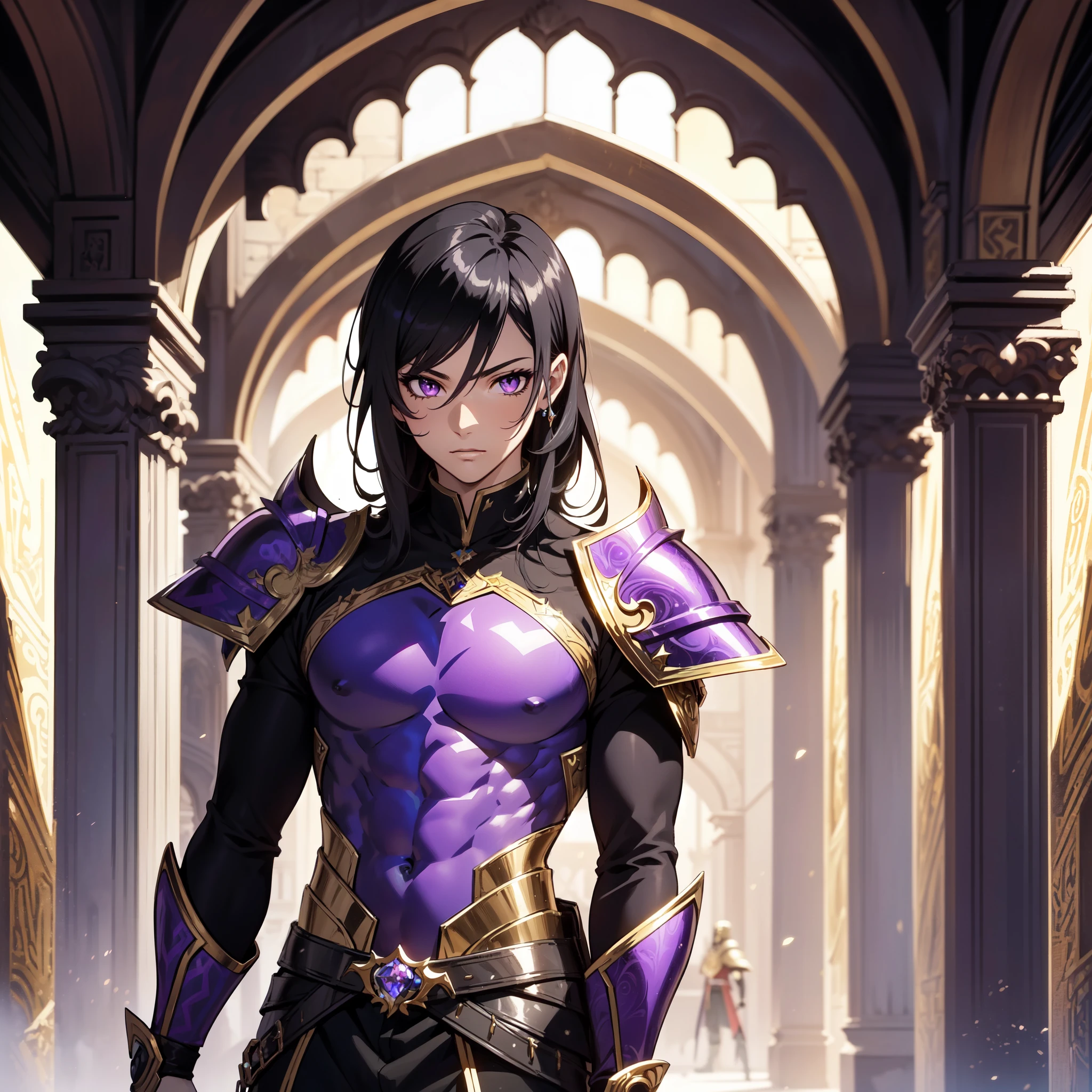 128K Ultra High Definition,
128K Ultra High Quality,
128K Ultra High Resolution,
Best Definition,
Best Quality,
Best Resolution,
Perfectly Detailed,
Perfectly Designed,
Extremely Detailed,
Extremely Designed,
Hyper Detailed,
Hyper Definition,
Hyper Quality,
Hyper Resolution,
Masterpiece,
(((Anime))),
Body Shot,
(((Boy))),
Handsome,
Muscular Body,
(((Black Mid Hair))),
(((Purple Eyes))),
(((Hyper Detailed & Perfectly Designed With Ultra High Quality Purple Warlord Armor))),
(((Inside Of Medieval Royal Palace Background Scenery))),