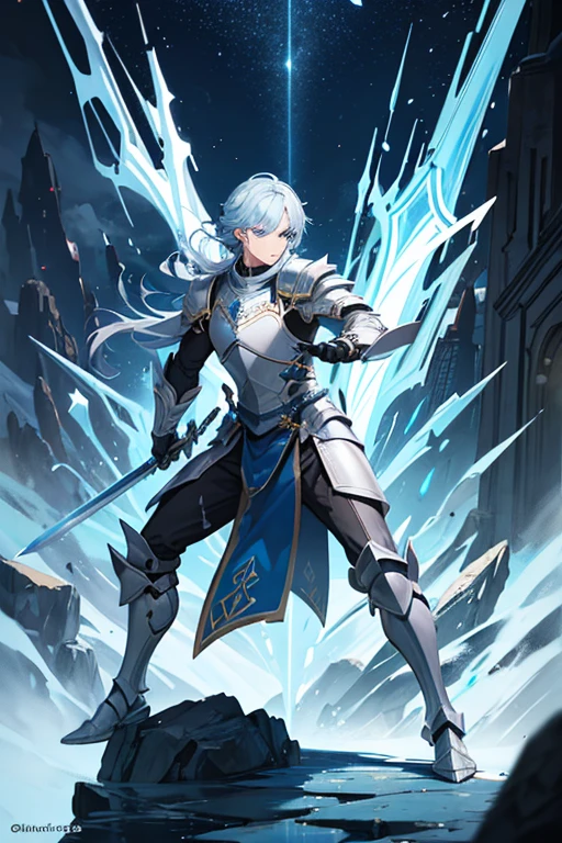 ((best quality)), ((masterpiece)), (detailed), male, knight, sword, icey, blue, action, adventure full body pose