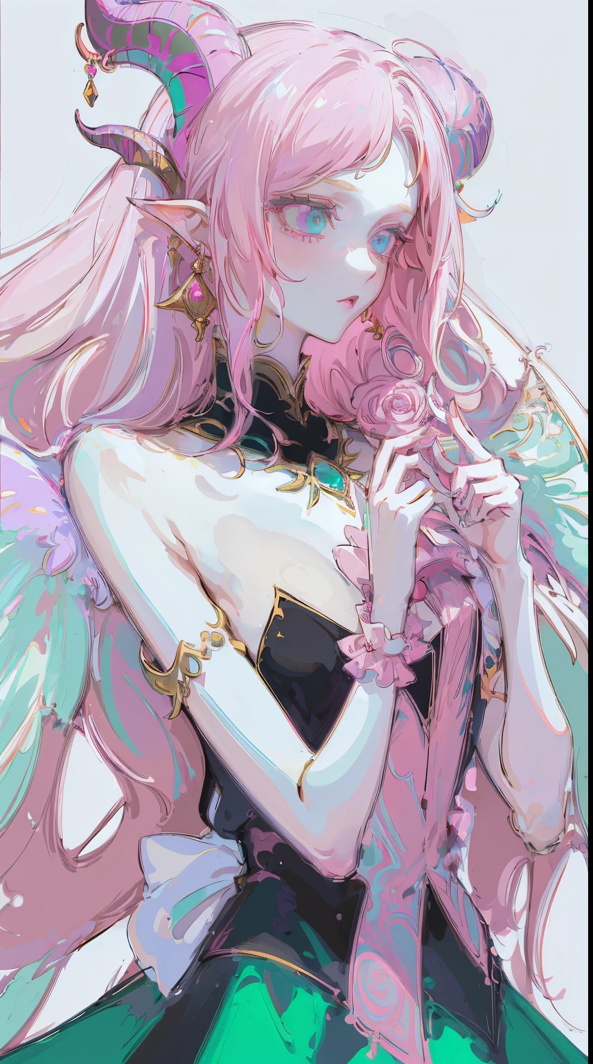 Designed by nty, A woman is, Professional t-shirt design vector,Tokar, 8K, hyper HD, Albino demon girl standing, colorful clothes, shot from far away, (largeeyes, Eyes are delicate and beautiful, Beautiful and delicate face, Details on the face), ( Green curls:1.3) , pink rose bush, winking ,(long and complex horns:1.2) Sneakers with socks, white backgrounid, Complicated details, coloured background, Abstract