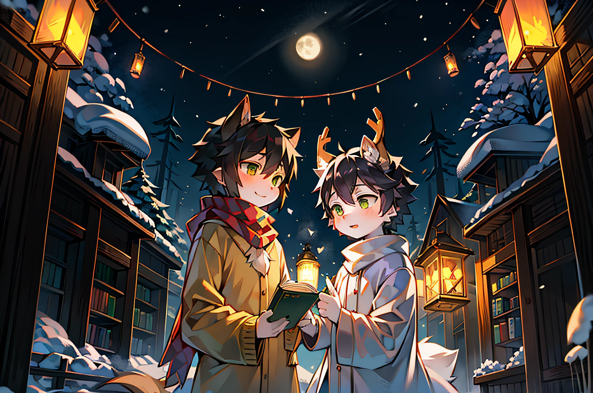 Wearing a white robe、White-haired white deer with green eyes and antlers,black hair color hair、Orange-eyed wolf wearing orange shirt,in the snow,starrysky,moon full,stars shining bright,falling flower petals,Peach blossom tree,shota,lovely boy,two guys,peaceful night,Clear face,lanterns,ornate backdrop,having fun,gentleness,Make a snowman together,Wear a scarf,wear a sweater,lantern in hand,book in hand,in woods,