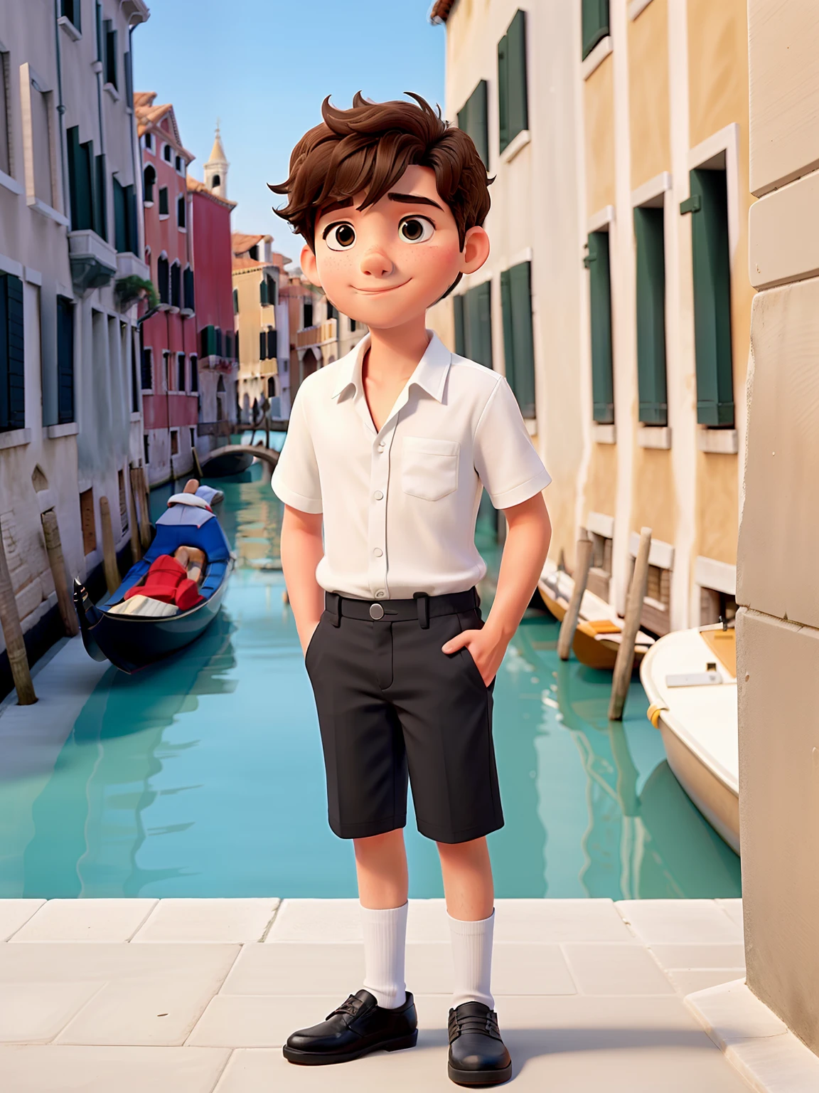 A boy in venice, afternoon, white shirt, black short
