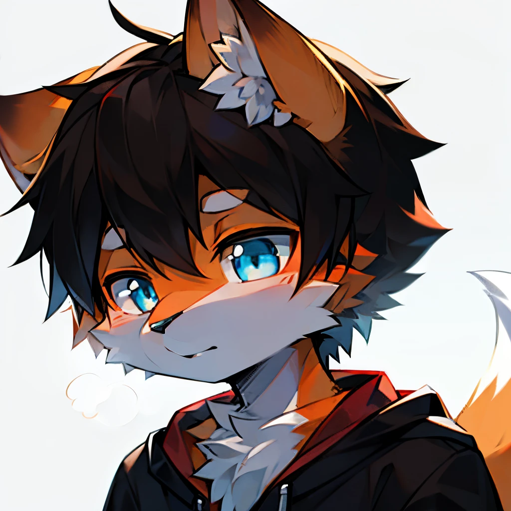 the only person，shaggy male，red fox，felid，Orange and white fur，The hair is orange，blue colored eyes，The ears are mostly black，A small part is white