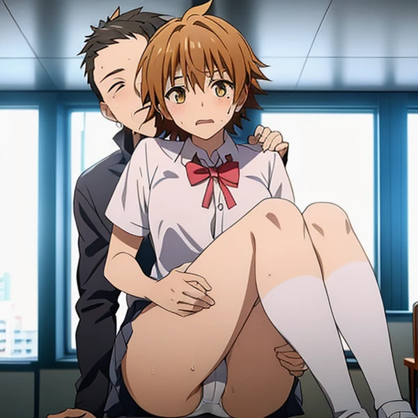 blushed、Troubled face、Teary-eyed、(man 1,Female 1、a couple、Having sex)、(female pervert、Japan school uniform、Check skirt、White tight panties、Underwear that bites、Light makeup)、short-hair、full body Esbian、feminine breasts、ligh brown hair、(masutepiece, Best Quality)、 Shiny skin、(1girll: nase, Naughty blush, Sweat flows)