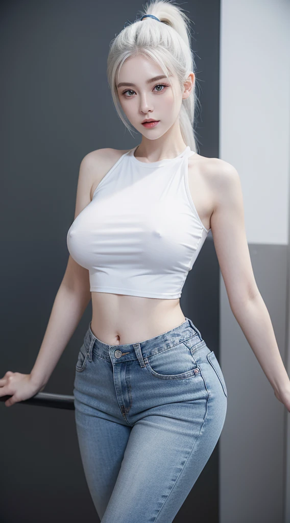 A beautiful woman wearing t-shirt and jeans, pale skin, smooth pale skin, perfect body, ((big breast, big hips)), detailed body, HD, cute face, White hair, ponytail hair, ponytail detailed hair, detailed hair style