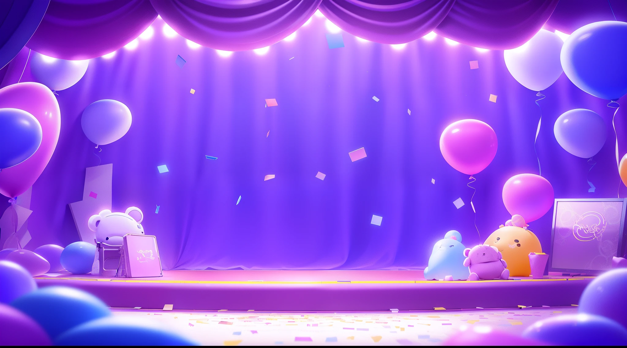 purple stage，There are balloons and teddy bears on it, Stage background, dance hall background, background artwork, Personal room background, Colorful anime movie background, mobile game background, stage, arte de fundo, 8K cartoon illustration, random background scene, be on stage, Cool background, dance hall background, Kawaii headquarters rendering, magic lab background, Carnival background, Empty stage, backroom background