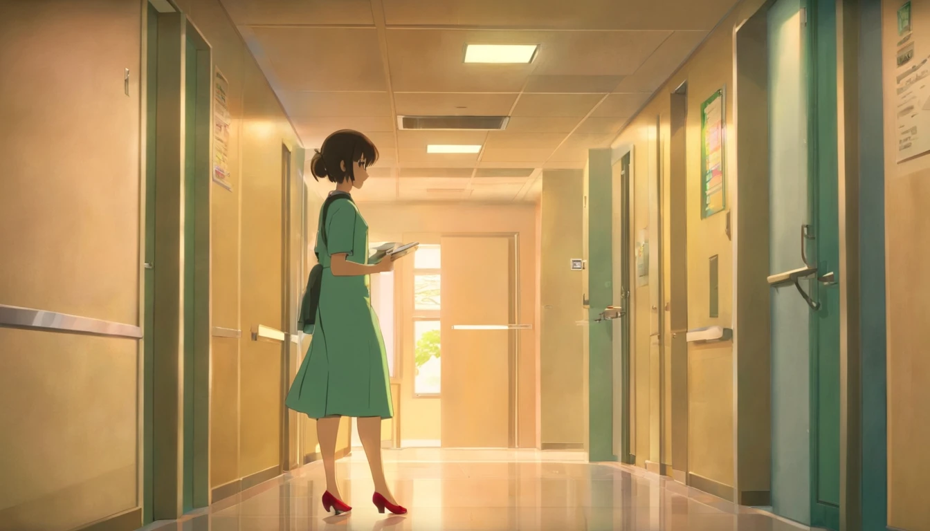 [scene：Hospital corridors，A woman looks at the inspection report in her hand，His face was solemn，Age is about 25 years old，long whitr hair，Wearing a light-colored dress，A pair of red high heels，chineseidol，Time 2023，In the daytime，inside in room，hyper HD]