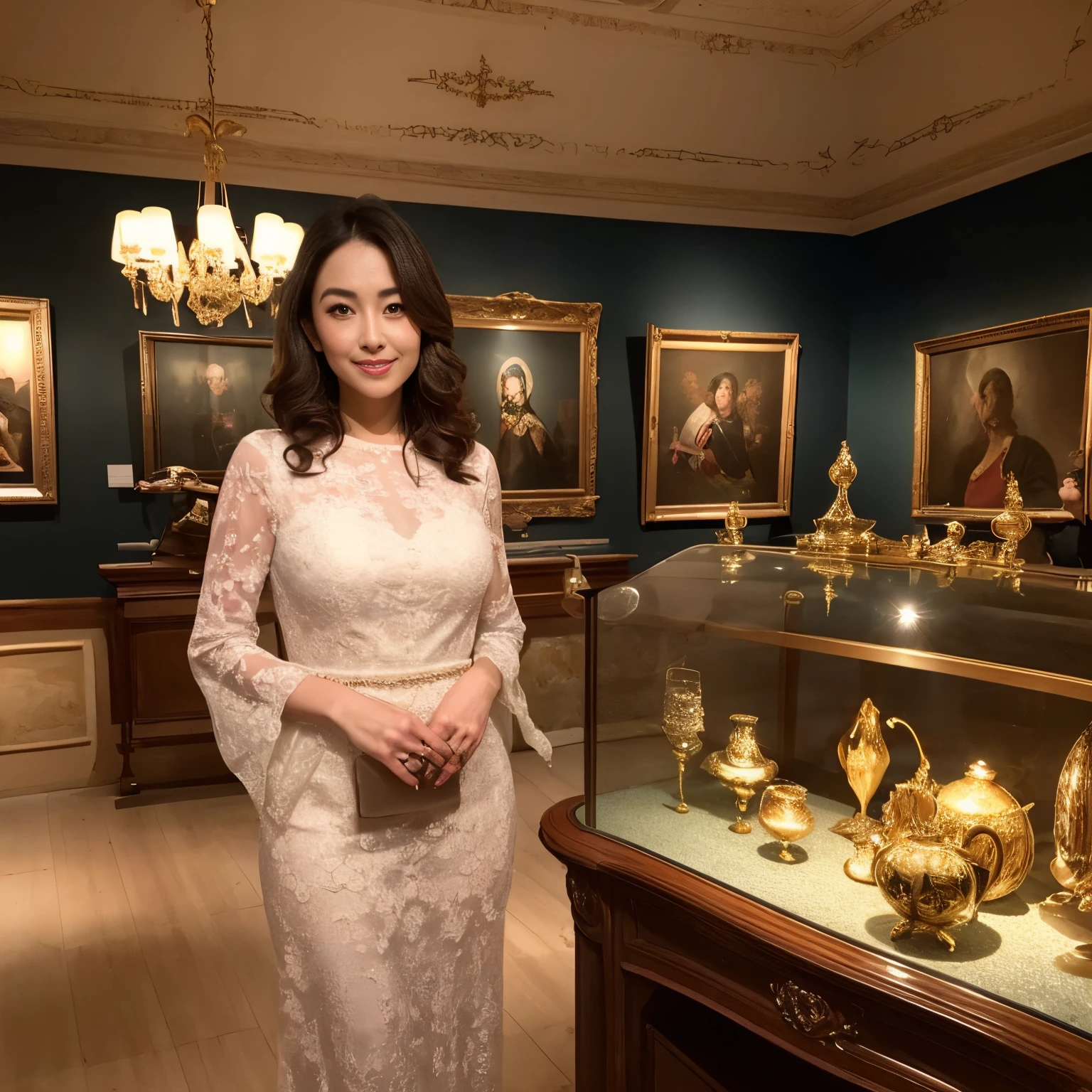 (top-quality、masutepiece、in 8K、Top image quality)、Beauty 1 person、40 year old、Very bright lighting、accurate anatomy、(take a photo of her upper body:1.4)、woman looking at art、perfect works、Perfect makeup、Look at me and smile、The most luxurious and classy tops、The most luxurious and elegant long skirt、Clothes with a causal relationship、elegant and beautiful wavy hair、one of europe&#39;best museums、number々exhibiting art works of、Detailed interior of a luxurious museum、It feels very luxurious、Very luxurious、solemnity、gotik、a gorgeous、(Spacious and open interior:1.1)、(accurate exhibits:1.2)