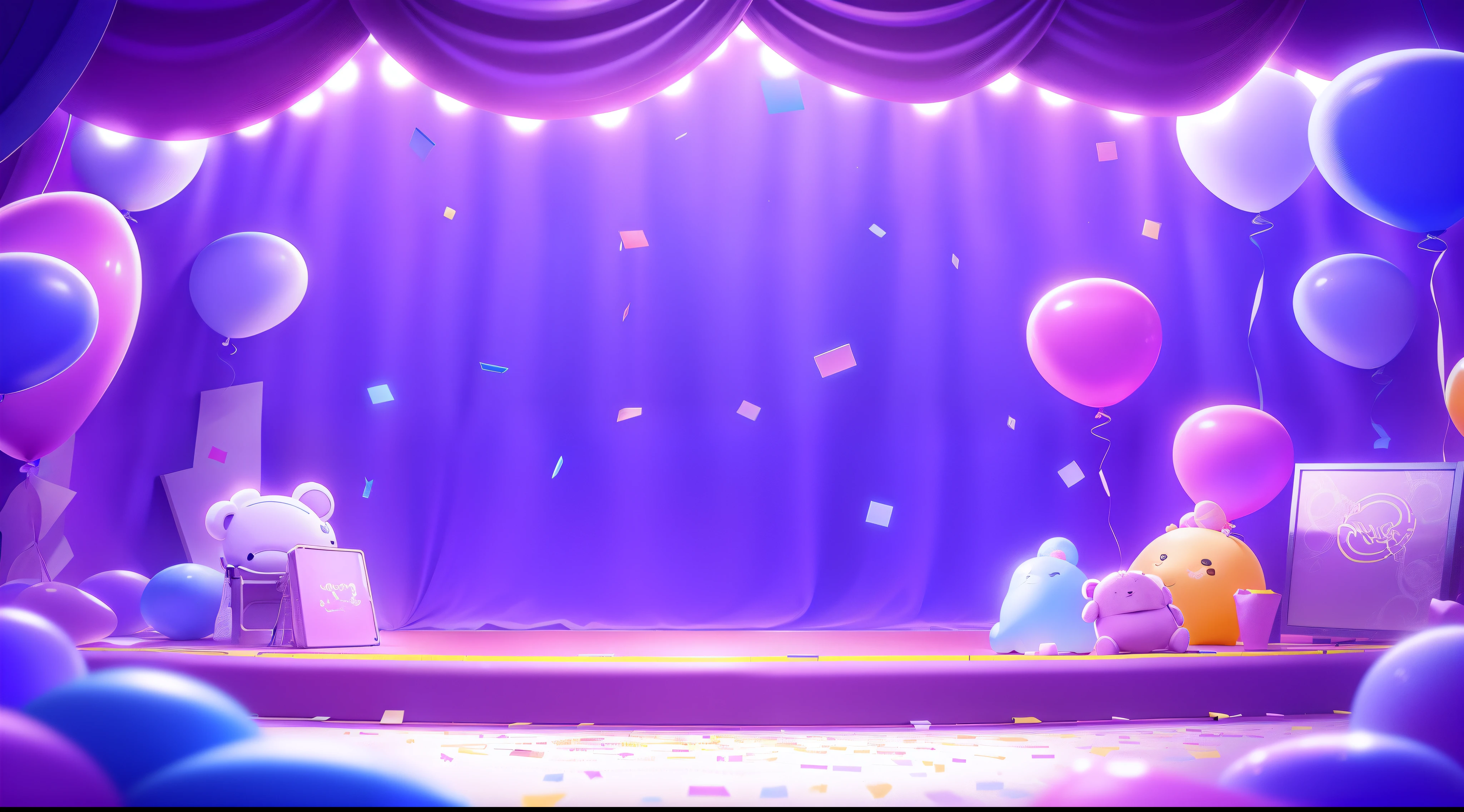purple stage,There are balloons and teddy bears on it, Stage background, dance hall background, background artwork, Personal room background, Colorful anime movie background, mobile game background, stage, arte de fundo, 8K cartoon illustration, random background scene, Come on stage, Cool background, dance hall background, Renderings of the Kawaii headquarters, magic lab background, Carnival background, Empty stage, backroom background