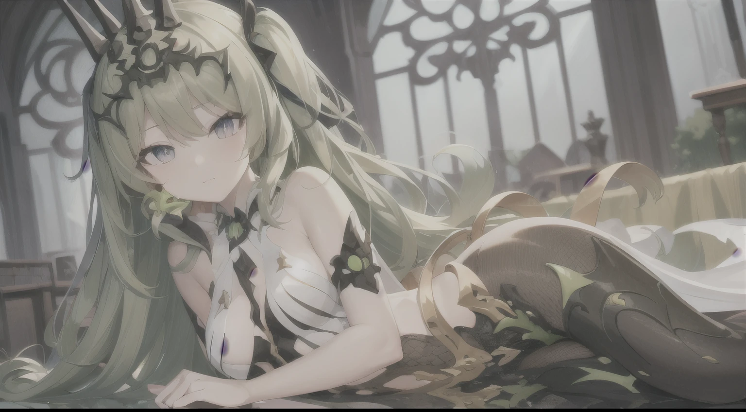 high detail, symmetrical, masterpiece, best quality, mobius (honkai impact), honkai (series), honkai impact 3rd, 1girl, solo, green hair, long hair, looking at viewer, small breasts, same eye colour, wedding dress, cathedral