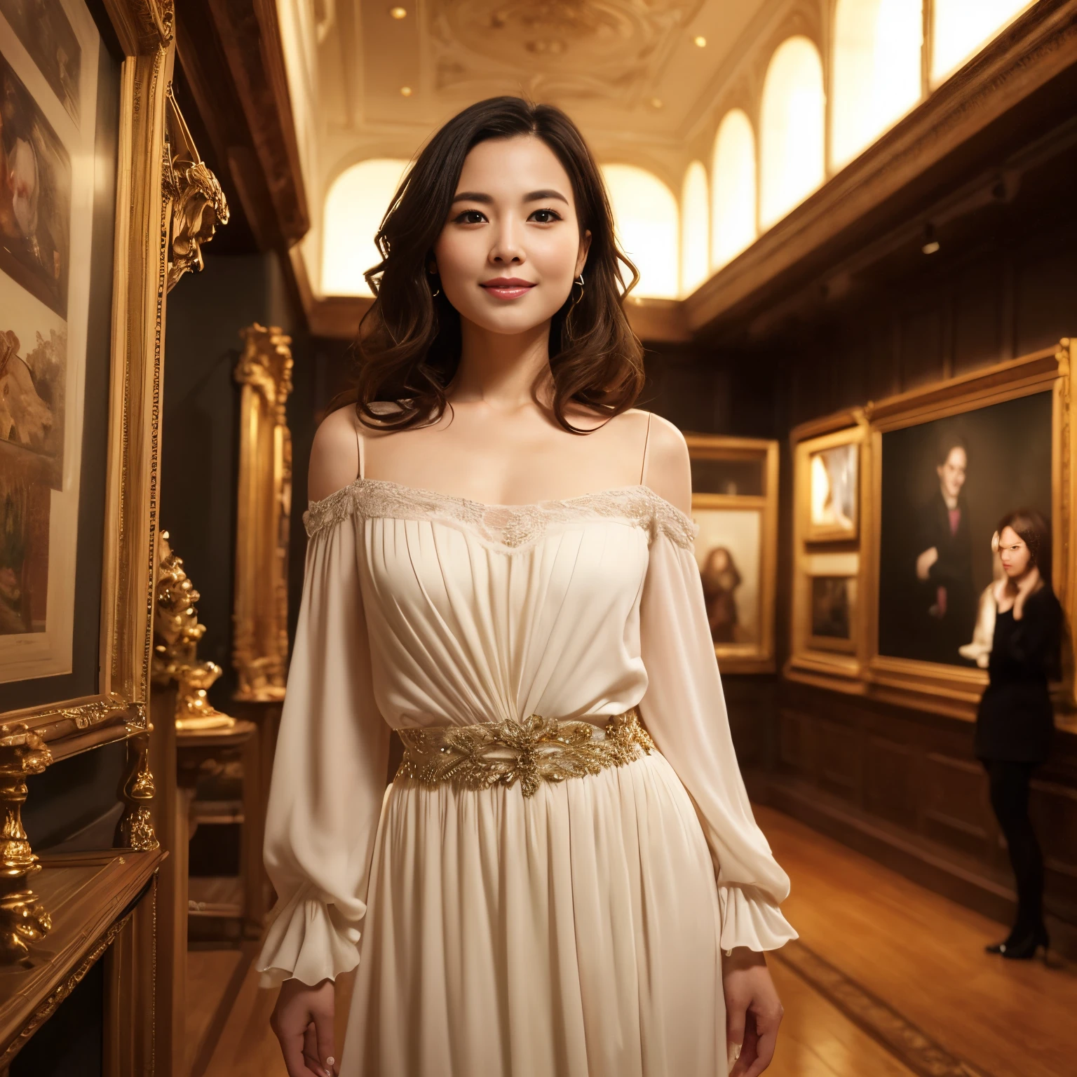 (top-quality、masutepiece、in 8K、Top image quality)、Beauty 1 person、40 year old、Very bright lighting、accurate anatomy、(take a photo of her upper body:1.4)、woman looking at art、perfect works、Perfect makeup、Look at me and smile、The most luxurious and classy tops、The most luxurious and elegant long skirt、Clothes with a causal relationship、elegant and beautiful wavy hair、one of europe&#39;best museums、number々exhibiting art works of、Detailed interior of a luxurious museum、It feels very luxurious、Very luxurious、solemnity、gotik、a gorgeous、(Spacious and open interior:1.1)、(accurate exhibits:1.2)