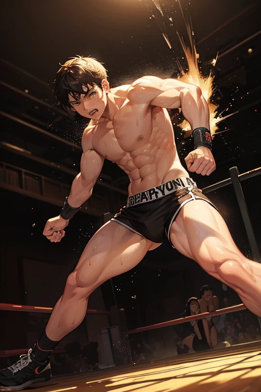 (best quality,masterpiece:1.2), detailed, boxer, action, full body, pose, brown, black, sweat, intensity, dynamic lighting, powerful movement