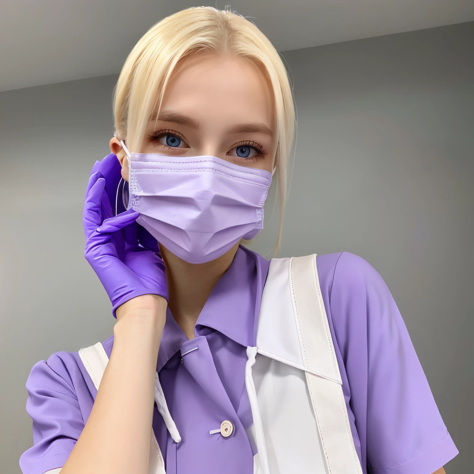Beautie、1 Czech woman、Nurse、pretty blonde、purple surgical mask、18year old、nurse's outfit、light skin colored rubber gloves