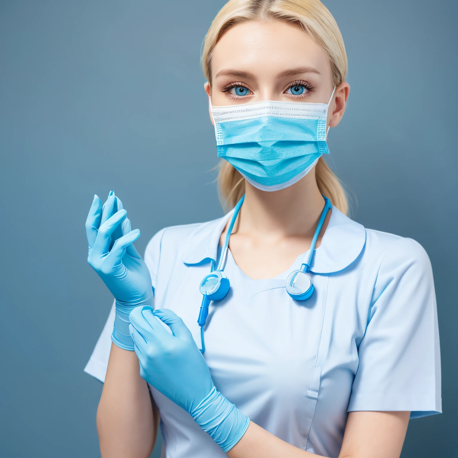 Beautie、1 Czech woman、Nurse、pretty blonde、Light Blue Surgical Mask、18year old、nurse's outfit、light skin colored rubber gloves