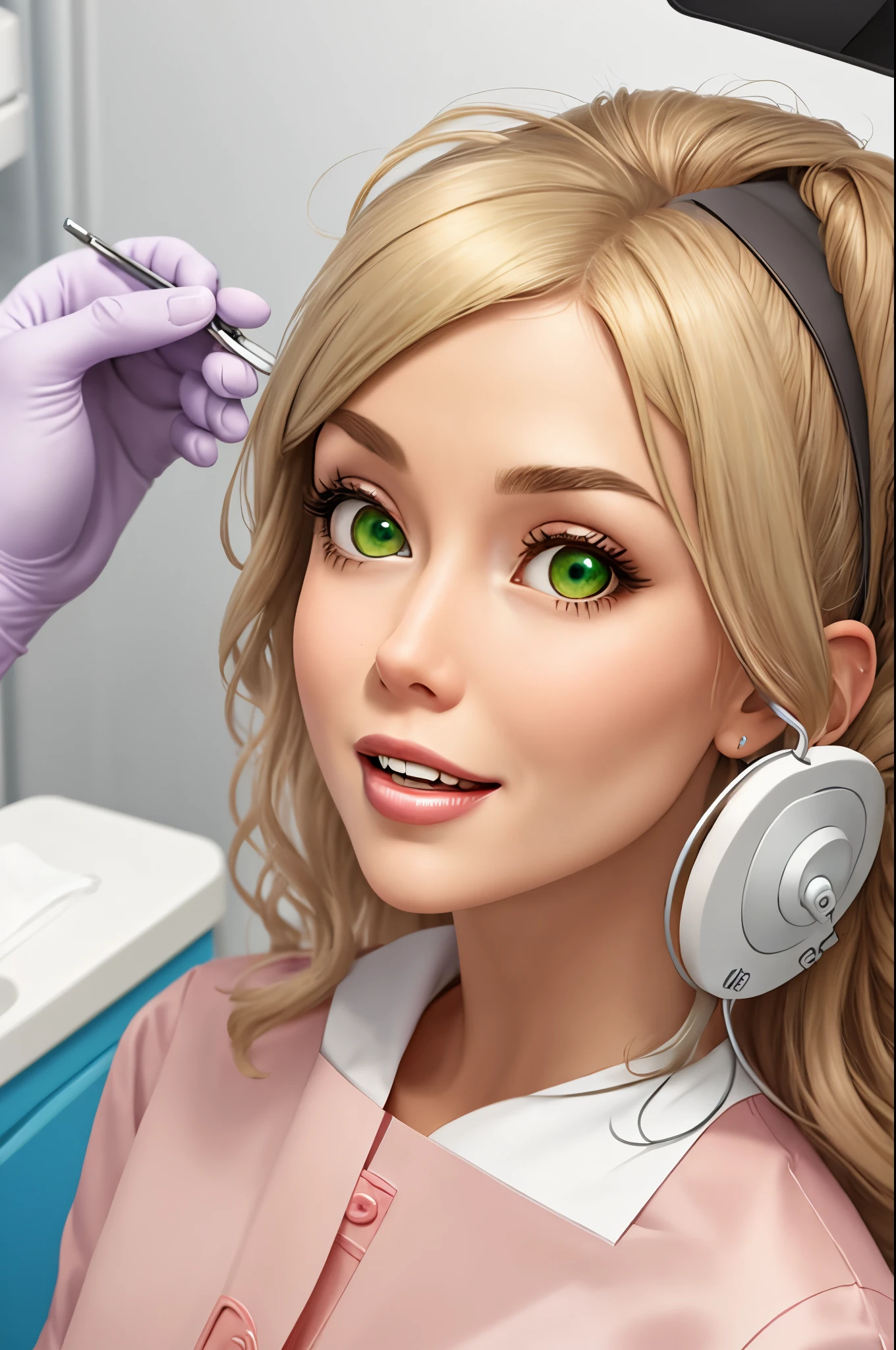 Disney Pixar cartoon character blonde dentist green eyes white coat in dental office pink chair