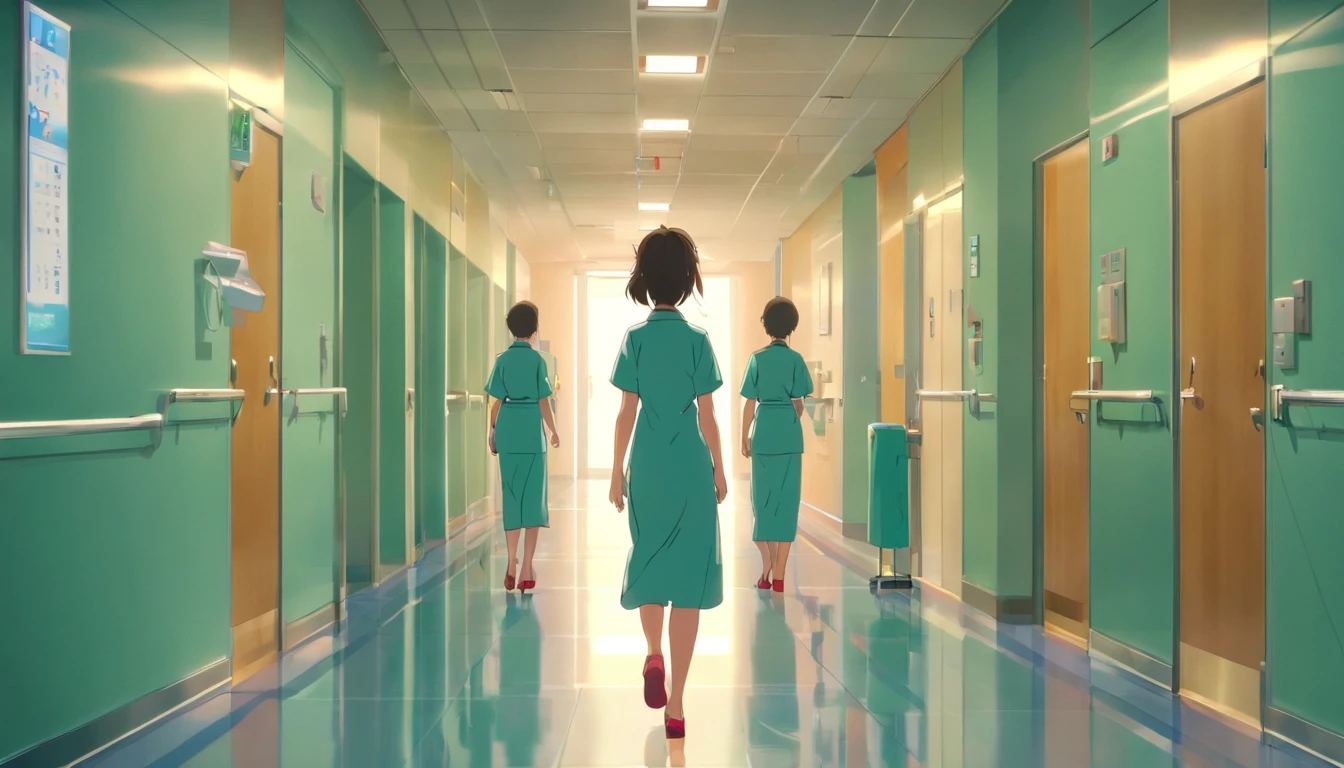 There are three nurses walking down a hospital hallway - SeaArt AI