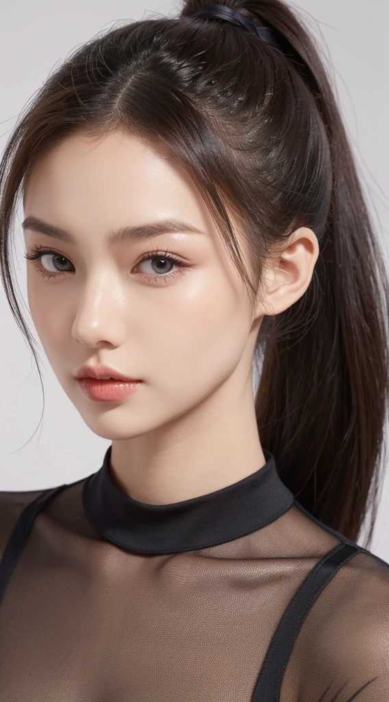 masterpiece,Best picture quality,Extreme details,Ultra-high resolution,Ultra-high definition,Beautiful young people,Glowing skin,thin,Black Hair,Short Ponytail,1,big eyes,beautiful eyes,Lipstick,Exquisite facial features,bust,Looking at the viewer, t-shirt,Single tone background,White background,Soft light