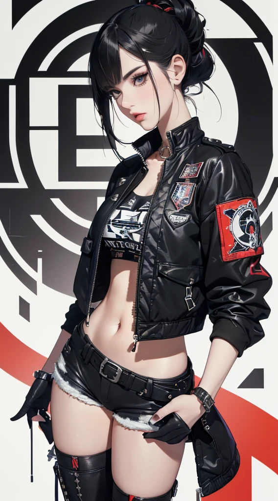 (a very beautiful woman, Hands in pockets:1.4, Punk rock fashion, Wearing a blouson, Wearing hot pants, Wearing shoes), (extra detailed face, Highly detailed black eyes, Contrasting eyes, extra detailed body), (A dark-haired, length hair, asymmetric hair, de pele branca, eye reflections, long eyeslashes), (colorful geometric pattern wall, Colorful walls), (high-angle:1.1), hyper realisitic, digitial painting,  ((8k wallpaper of extremely detailed CG unit, nffsw, ​masterpiece, hight resolution, top-quality, Anatomically accurate, high détails, Top quality real texture skins)),