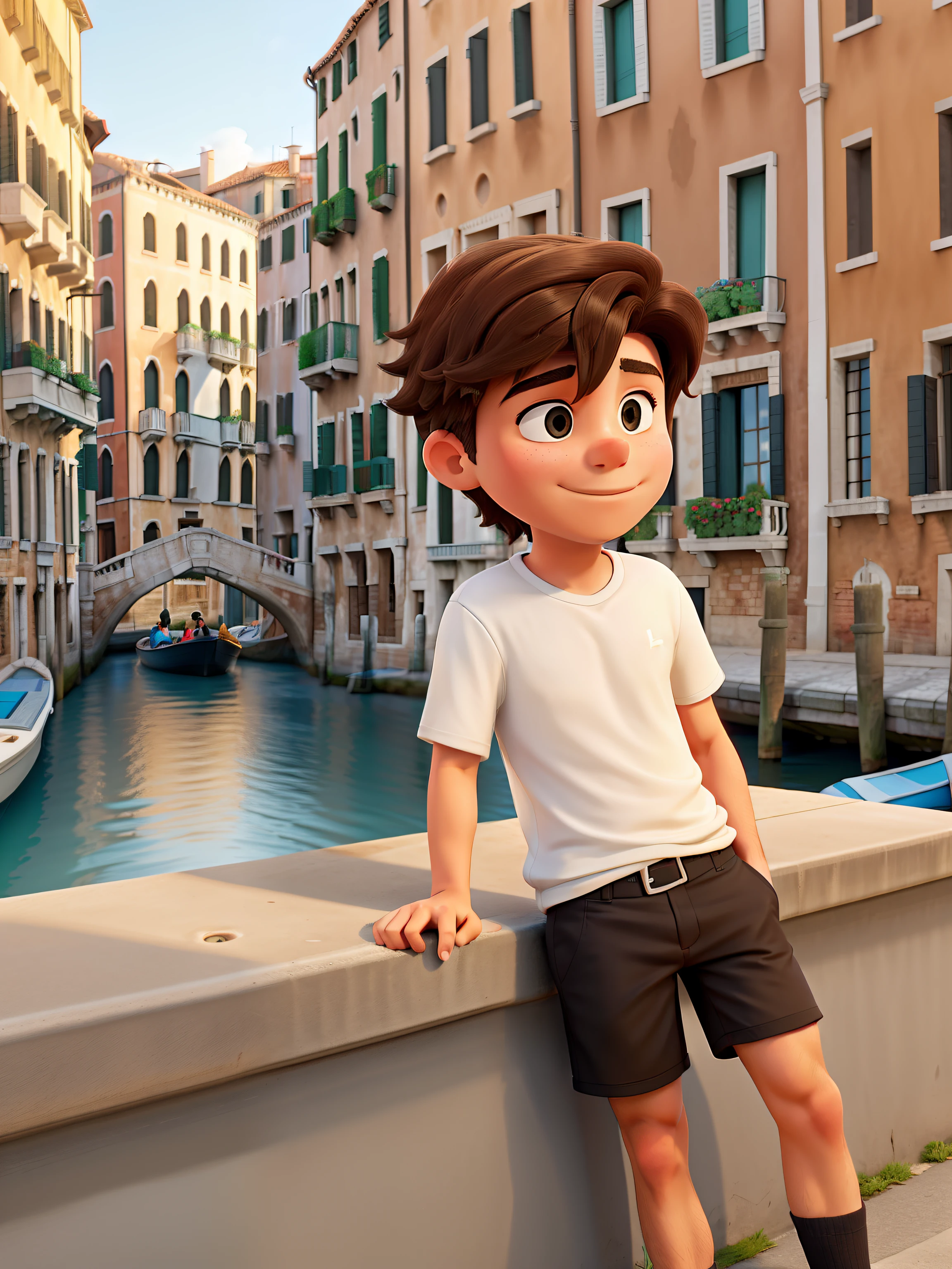 white shirt, black shorts, bright brown hair, in venice, man leaning on a wall in front of a canal, with a city in the background, leaning on the wall, city in the background, nice afternoon lighting
