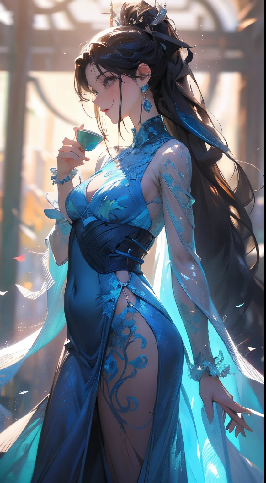 Estilo anime, amanhecer, Forest with trees, waterfall, alguma pedra, Rochas, casa colonial, with robotic beauty cyborg adult woman, corpo escultural, Forma perfeita, wearing transparent holographic dress drinking tea