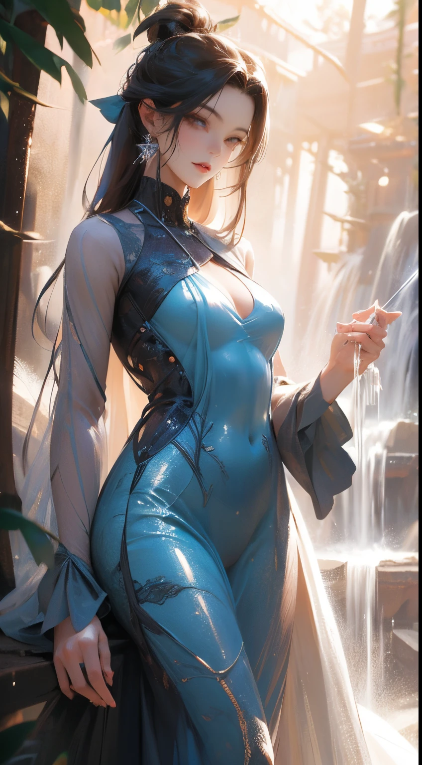 Estilo anime, amanhecer, Forest with trees, waterfall, alguma pedra, Rochas, casa colonial,  with robotic beauty cyborg adult woman, corpo escultural, Forma perfeita, wearing transparent holographic dress drinking tea