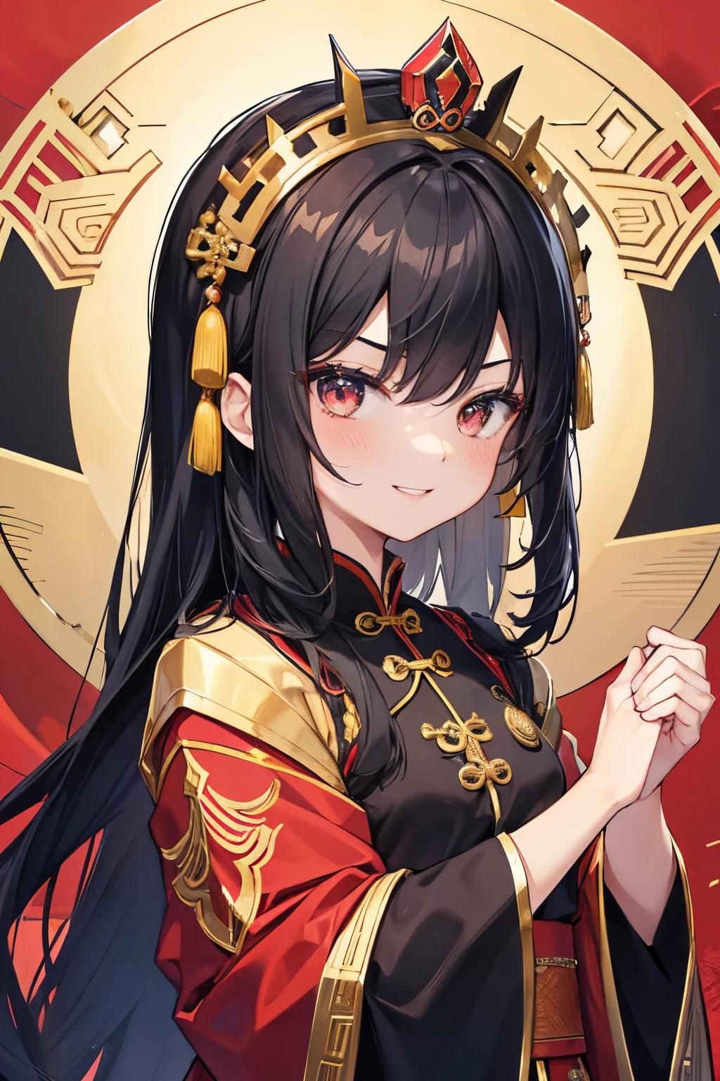 one-girl,The children,ChineseGirl,Black hair,royal garb,the emperor,The crown of the Chinese emperor,Golden dragon robe,victorious expression,arrogant look,grinning smile,clench one's teeth