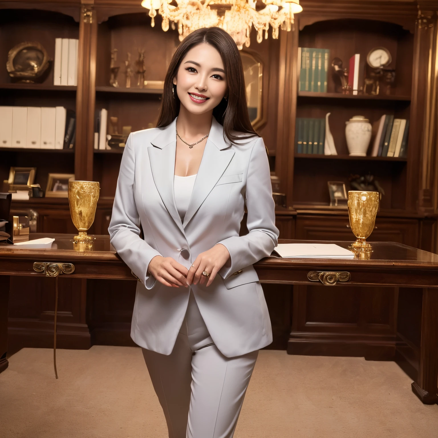 ((top-quality、masutepiece、8K、Top image quality))、((1 mature woman、She holds the most luxurious CEO position&#39;s Office、standing elegantly、Secretary with elegant posture))、(1 photo:1.5)、(Female upper body photo:1.5)、(Female cowboy shot:1.5)、(Chignon、Gray suit、White formal blouse)、(The most luxurious and luxurious royal VIP room、bright lighting of chandelier、The most luxurious and luxurious desk、The most luxurious and luxurious glass showcase、the most luxurious and luxurious chair、the most luxurious and luxurious carpet、The most luxurious and luxurious bookshelf、the most luxurious and luxurious curtains)、perfect anatomia、Beautiful teeth、mournful smile、A detailed face、[[large full breasts]]