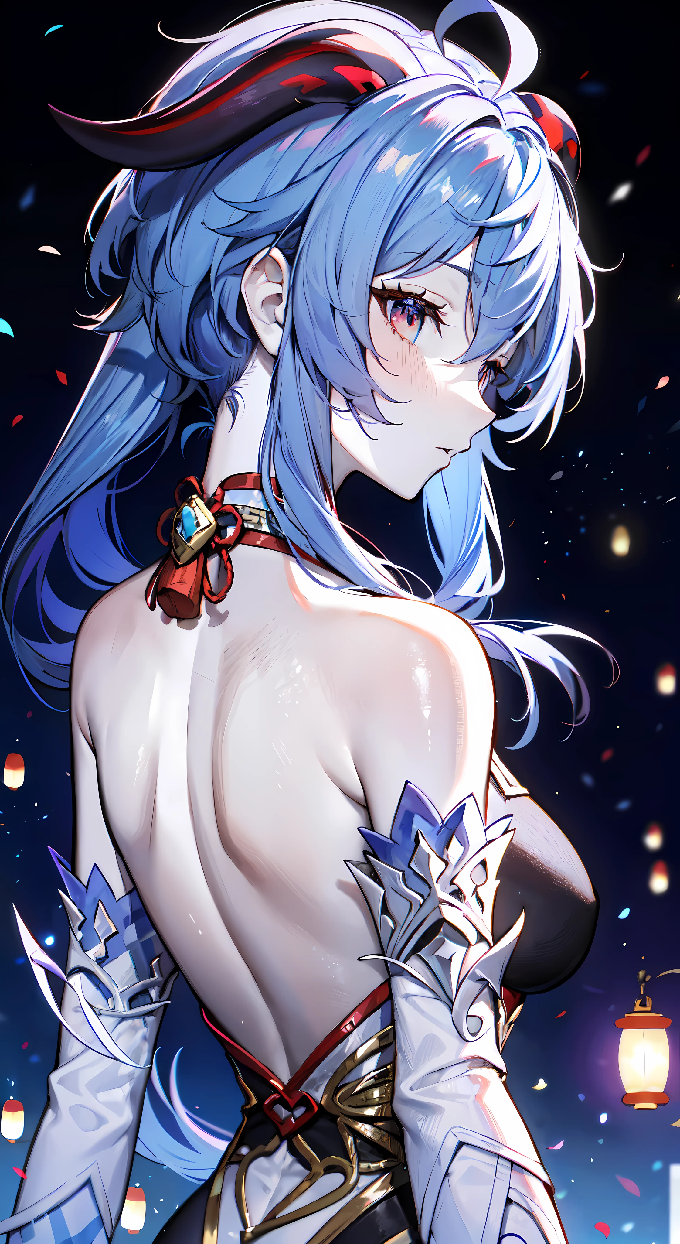 (masterpiece:1.2), (pale skin:1.2), (solo:1.2), (female:1.1), (emphasis lines:1.3), bare shoulders, blue hair, horns, gloves, (bare back:1.3), (from behind), sky, on a hill, night, lanterns, detached sleeves, (ganyudef), shoulder blades