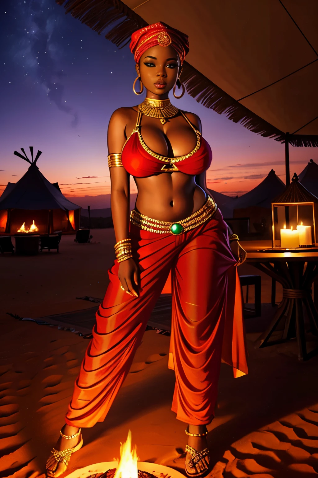 african girl, big boobs, nice lips, harem pants, see through, lit by firelight, desert camp