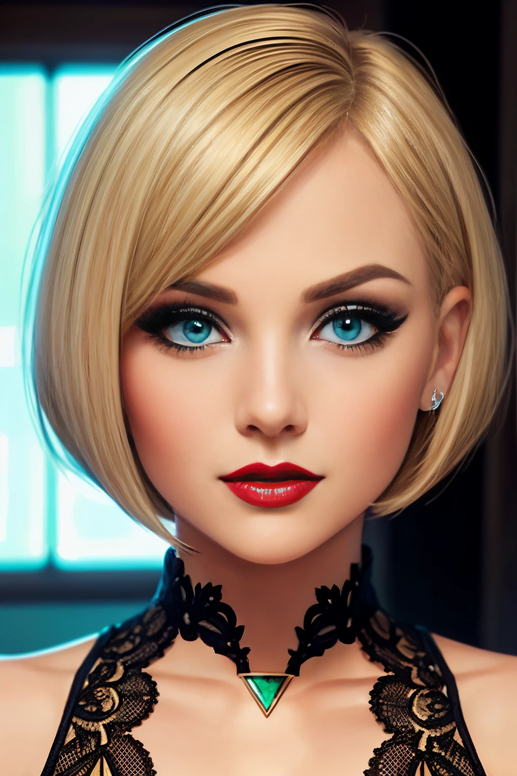 close up, beautiful woman, detailed face, blonde bob cut hair, symmetric, piercing green eyes, red lipstick